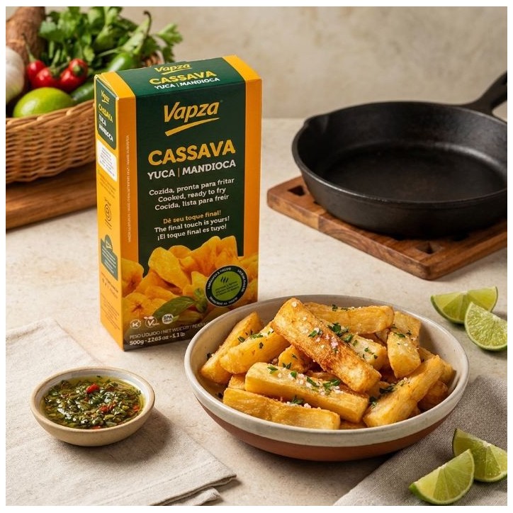 Vapza, Mandioca Cozida Pronta Para Fritar 500g